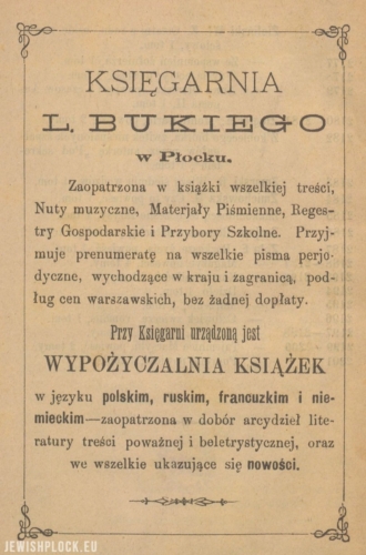 Press advertisement of the bookstore of Mejer Lejb Buki in Płock